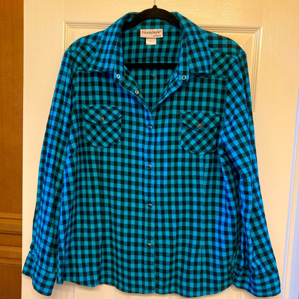 Buffalo Plaid Flannel Shirt, Snap Front, Long Roll-Tab Sleeves by North Style - Picture 3 of 6